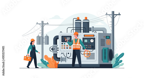 Industrial Maintenance Engineers Working on Power Generator and Electrical Infrastructure