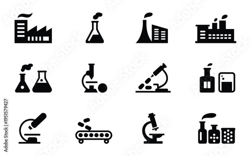Science laboratory icons set including industrial buildings microscopes beakers and test tubes on white background