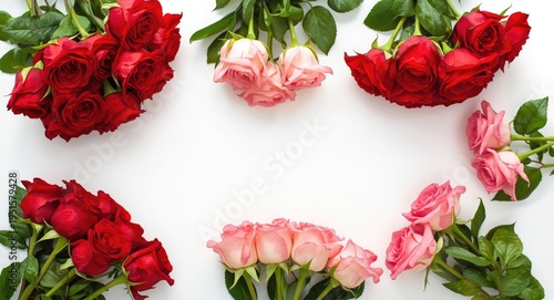 Elegant floral bouquets featuring red and pink roses arranged on white background showcasing beauty