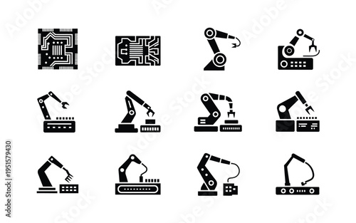 Industrial robotic arms and manufacturing icons set black on white background for factory automation and technology concepts