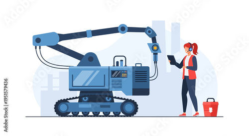 Smart Factory Automation: Female Engineer Operating Industrial Robotic Arm with Digital Tablet