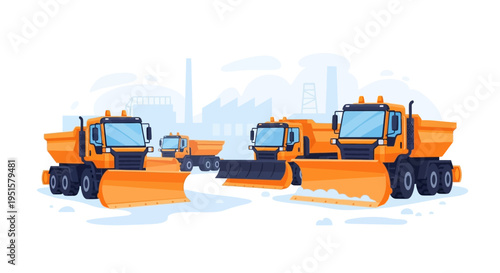 Snow Removal Team: Fleet of Heavy-Duty Orange Snowplow Trucks Clearing Roads in a Winter Industrial Setting