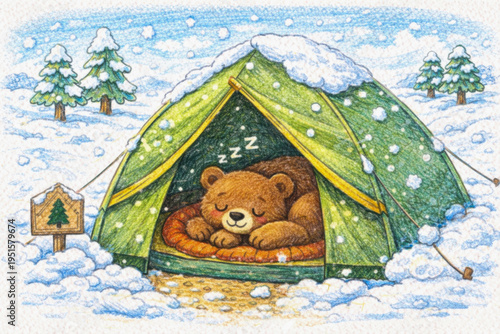 Children’s illustration of a sleeping bear resting inside a cozy camping tent during a snowy winter day. Colored pencil style artwork showing
