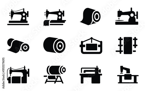 Sewing machines and fabric icons for crafting and textile industry black silhouettes on white background