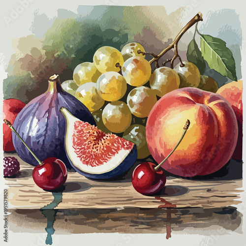 Still life of fresh fruit including figs, grapes, peaches, and cherries arranged on a wooden surface with a soft, impressionistic background.