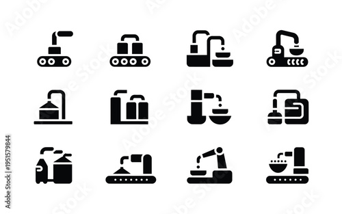 Industrial construction equipment icons set black silhouettes on white background heavy machinery symbols