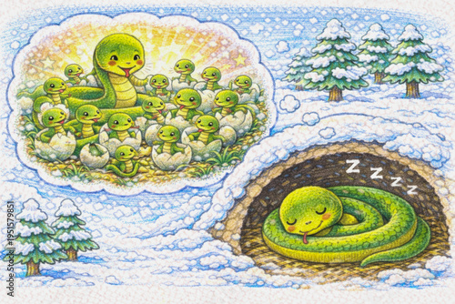 Children’s illustration of a sleeping snake in a winter burrow dreaming about a warm nest filled with baby snakes hatching from eggs. Colored pencil style artwork showing