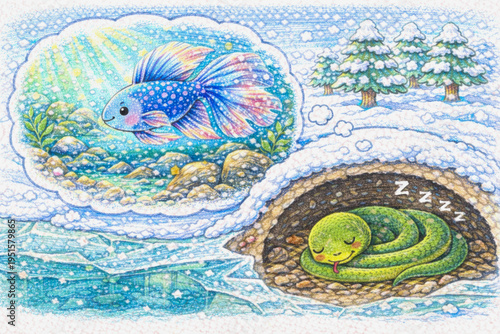 Children’s illustration of a sleeping snake in a winter burrow dreaming about a colorful fish swimming in a bright underwater world. Colored pencil style artwork showing