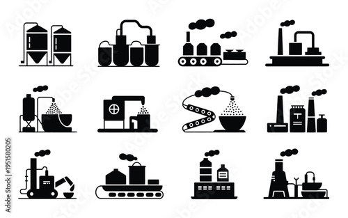 Industrial factory icons set with various manufacturing and production symbols on white background