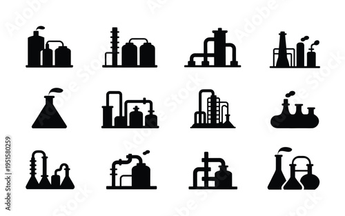 Industrial factory and laboratory icons in black silhouettes on white background