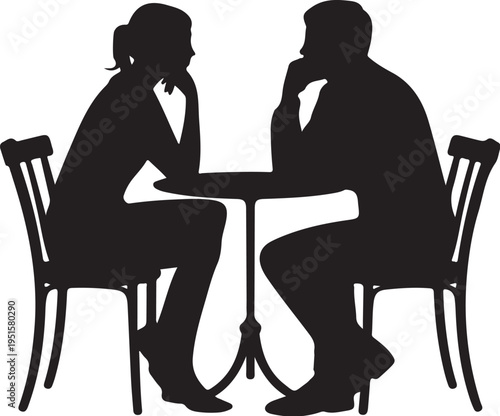 Black silhouette of couple sitting at small table woman