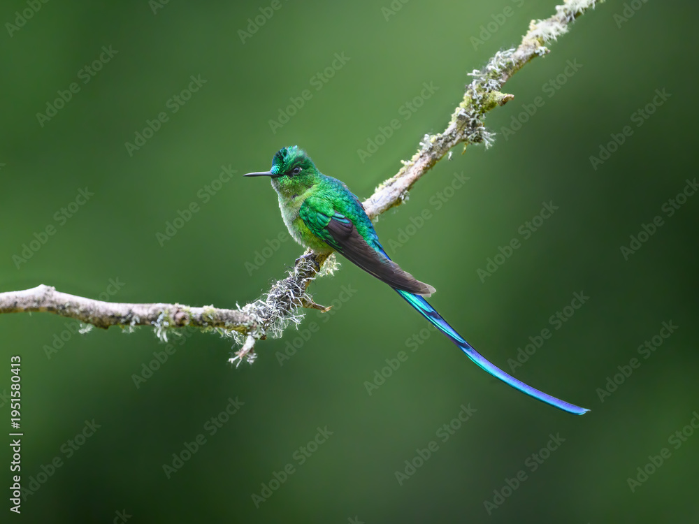 Naklejka premium Male Long-tailed Sylph Hummingbird Perched on Lichen Covered Branch