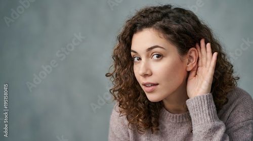 Young woman cupping her ear, listening intently to a conversation or sound with a curious expression