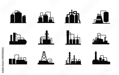 Industrial factory buildings and manufacturing plants icons set black silhouettes on white background