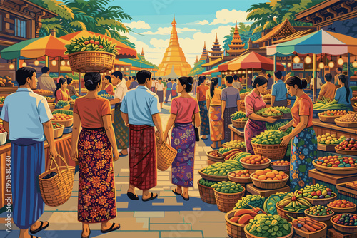 Vibrant Traditional Market in Myanmar with People and Golden Pagoda