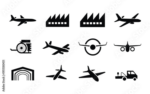 Airplane and airport icons with industrial buildings and vehicles on white background