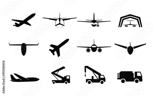 Airplane and airport vehicle silhouettes transportation icons travel and logistics symbols