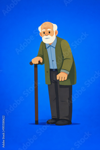 Elderly man standing with a walking cane. Illustration representing senior age, retirement lifestyle, elderly care, aging population and support for older adults.