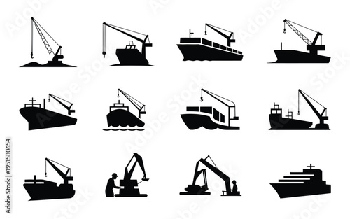 Collection of black silhouette icons featuring various cargo ships tugboats and cranes in different operations and settings on water showcasing maritime and industrial activities