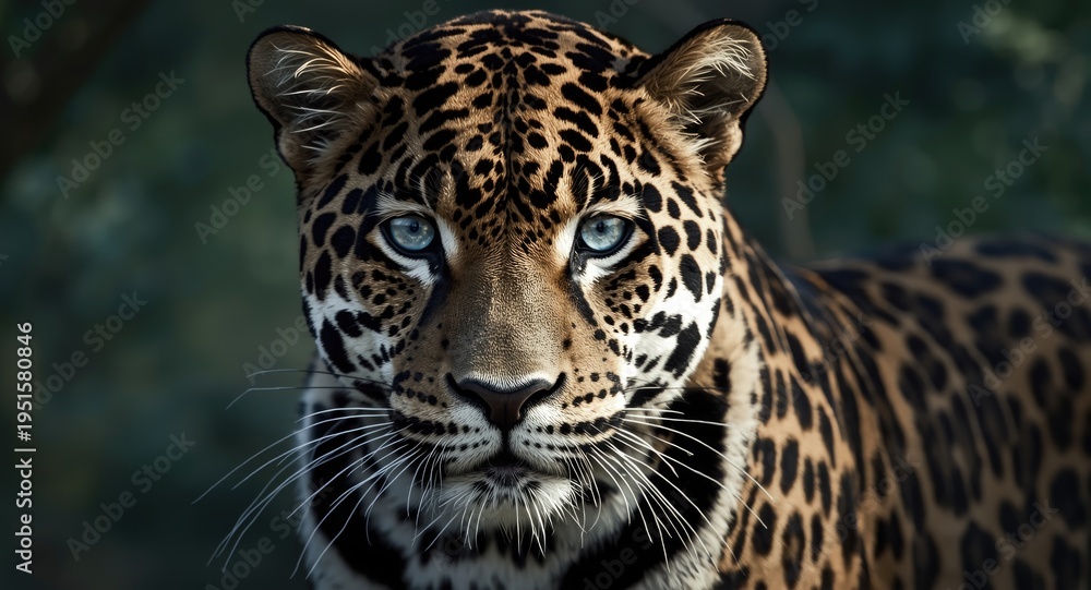 Obraz premium Black and white jaguar featuring clear blue eyes under daylight