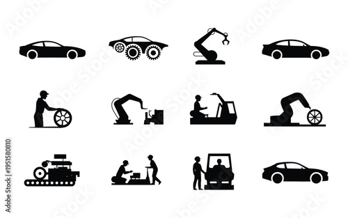 Black silhouettes of cars workers and industrial machinery in various scenes of manufacturing and construction
