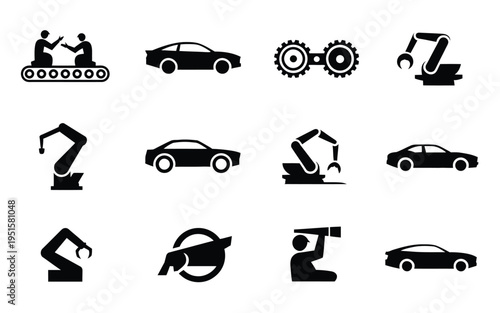 Industrial automation and manufacturing icons set with cars and robotic arms on white background for business and technology concepts