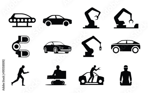 Black silhouettes of cars robots and people in various industrial and transportation settings with a white background