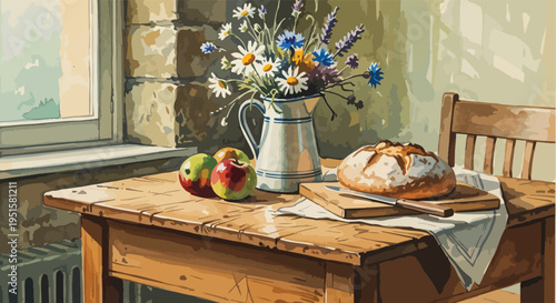 Still life of a rustic wooden table with a vase of wildflowers, bread, and apples by a sunny window in a cozy interior with warm tones.