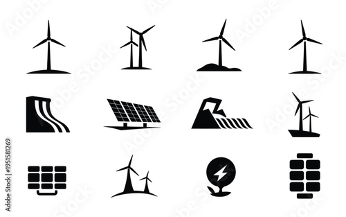 Renewable energy icons set solar panels wind turbines batteries and sustainable power symbols