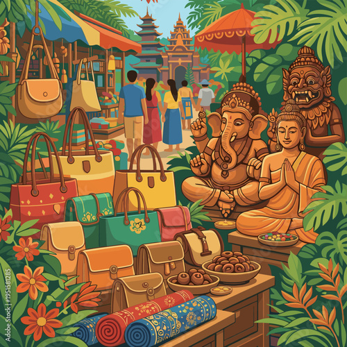 Colorful Asian Market with Handbags, Textiles, and Cultural Statues