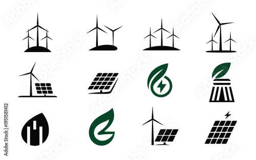 Renewable energy icons set solar panels wind turbines and eco friendly symbols for sustainable power solutions