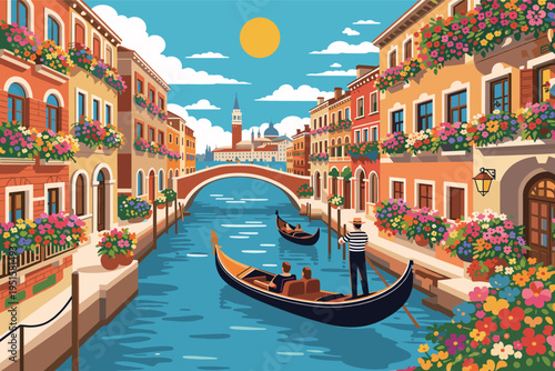 Colorful Venice Canal Scene with Gondolas and Historic Buildings