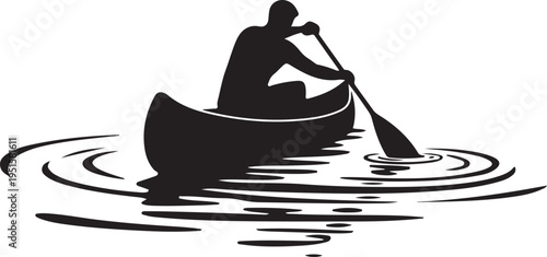 Black silhouette of man paddling canoe on rippling water