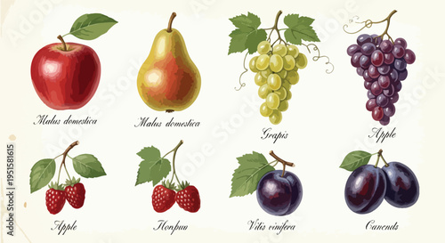 Vintage-style illustrations of various fruits including apples, pears, grapes, cherries, plums on a beige background with labels.