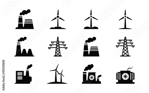 Industrial icons set power plants wind turbines and transmission towers for energy concepts