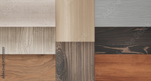 Interior design material samples including wood veneer ceramic tiles and assorted aluminium metals on isolated background