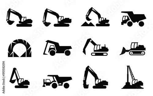 Collection of black construction vehicle icons including excavators dump trucks and bulldozers on white background for industrial and engineering concepts
