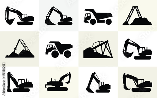 Heavy machinery icons set excavators dump trucks and construction equipment silhouettes on white background