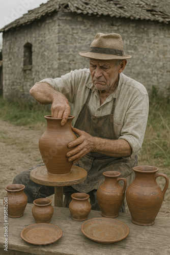 Old potter shaping clay vase on wheel outdoors, traditional craft and rural lifestyle concept, handmade ceramics, natural earthy tones, pencil drawing style illustration