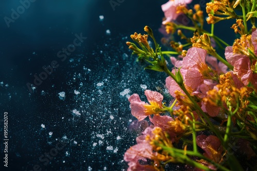 暗い表面に液滴と粉末を持つ花