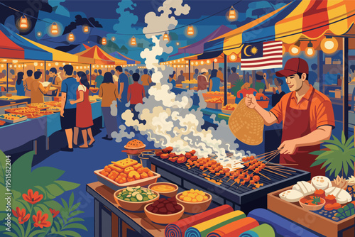 Vibrant Malaysian Night Market with Street Food Stalls and Grilling Vendor