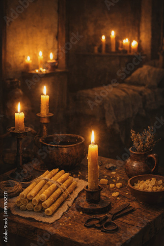 Rustic candle making setup with warm candlelight in cozy interior, traditional craft and vintage atmosphere, soft lighting scene, pencil drawing style illustration