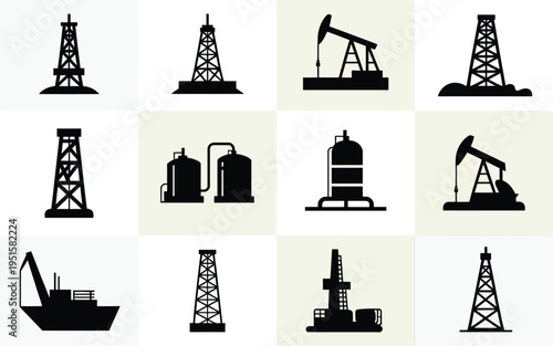 Collection of black silhouettes of various oil rigs and drilling equipment on white background for energy and industry concepts