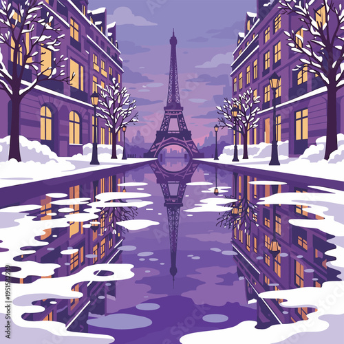 Eiffel Tower in Winter with Reflection in Paris