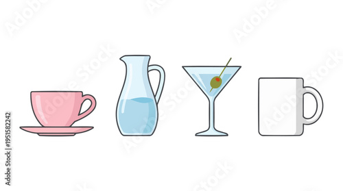 Colorful flat vector drinkware icons pink teacup blue pitcher martini glass white mug.