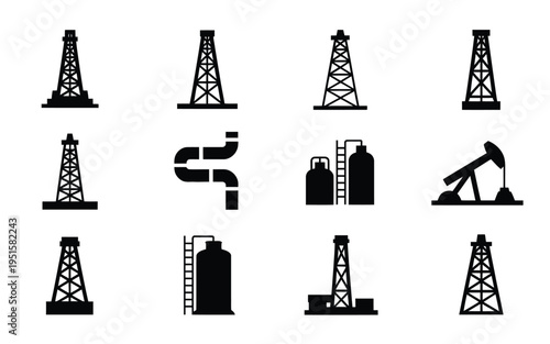 Oil rigs and industrial equipment silhouettes for energy and industry concepts