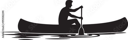 Black silhouette of man paddling canoe on water