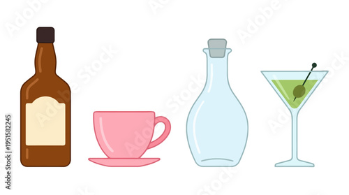 Colorful flat design illustration of various drinkware brown liquor bottle pink teacup blue glass carafe green martini.