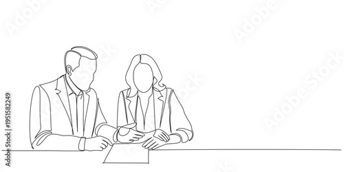 business man and woman working together in the office. One line art style vector illustration