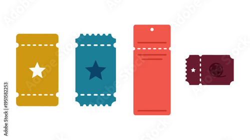 Colorful flat design tickets with star and film reel icons featuring perforated edges and distinct shapes.